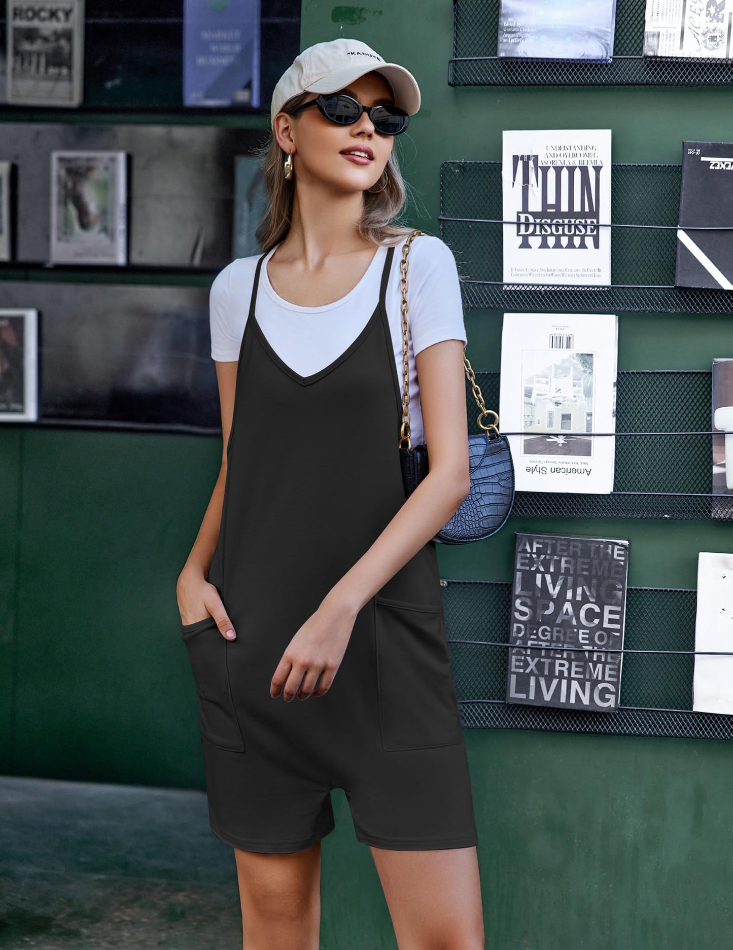 Ekouaer Womens Summer Casual Sleeveless Rompers Loose Spaghetti Strap Shorts Overalls 2025 Jumpsuits With Pockets Black L