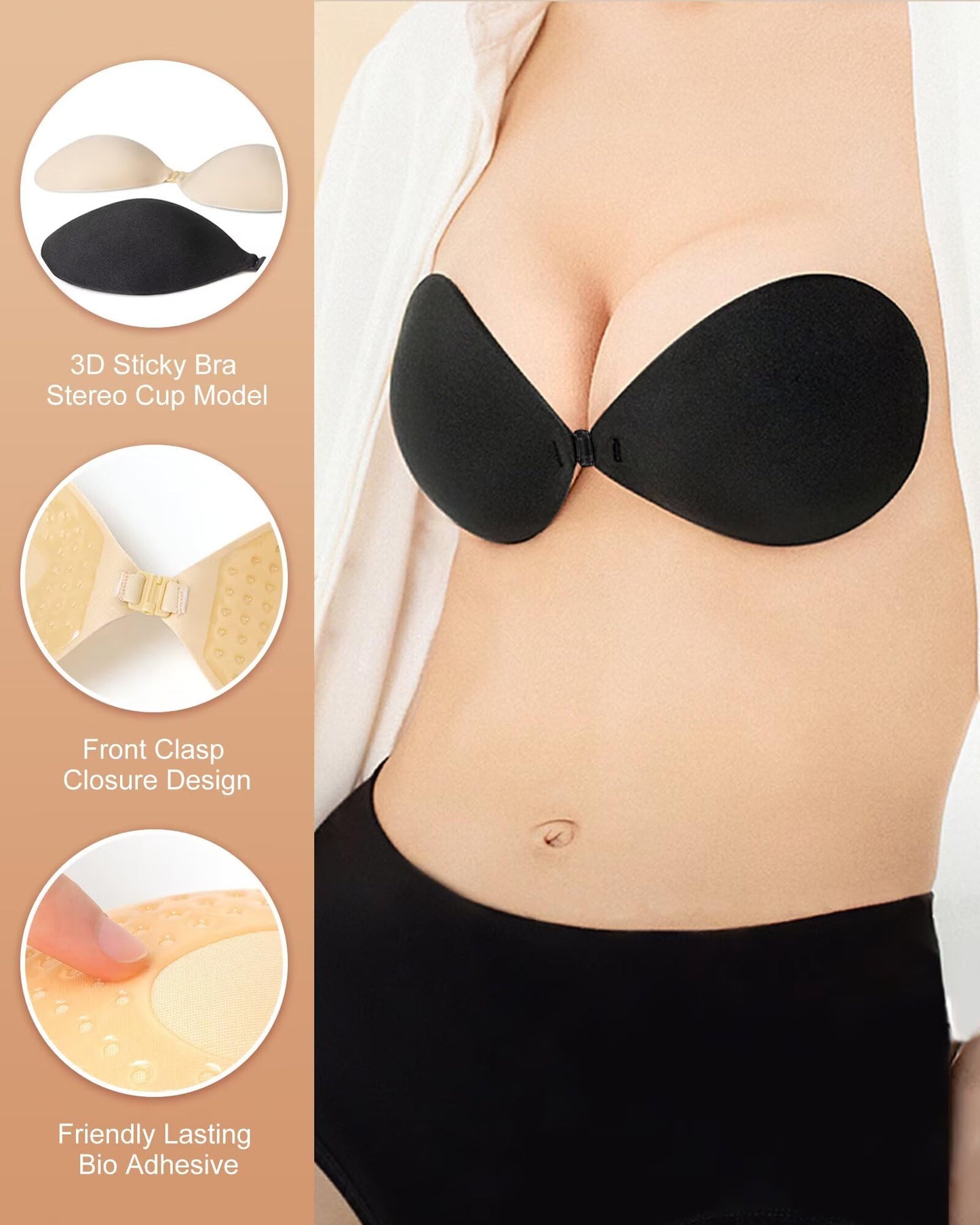 CIRLOSO Sticky Bra Push Up - Strapless Adhesive Bras,Invisible Backless Bra,Lift Support for Women (2 Pair)-Cup C
